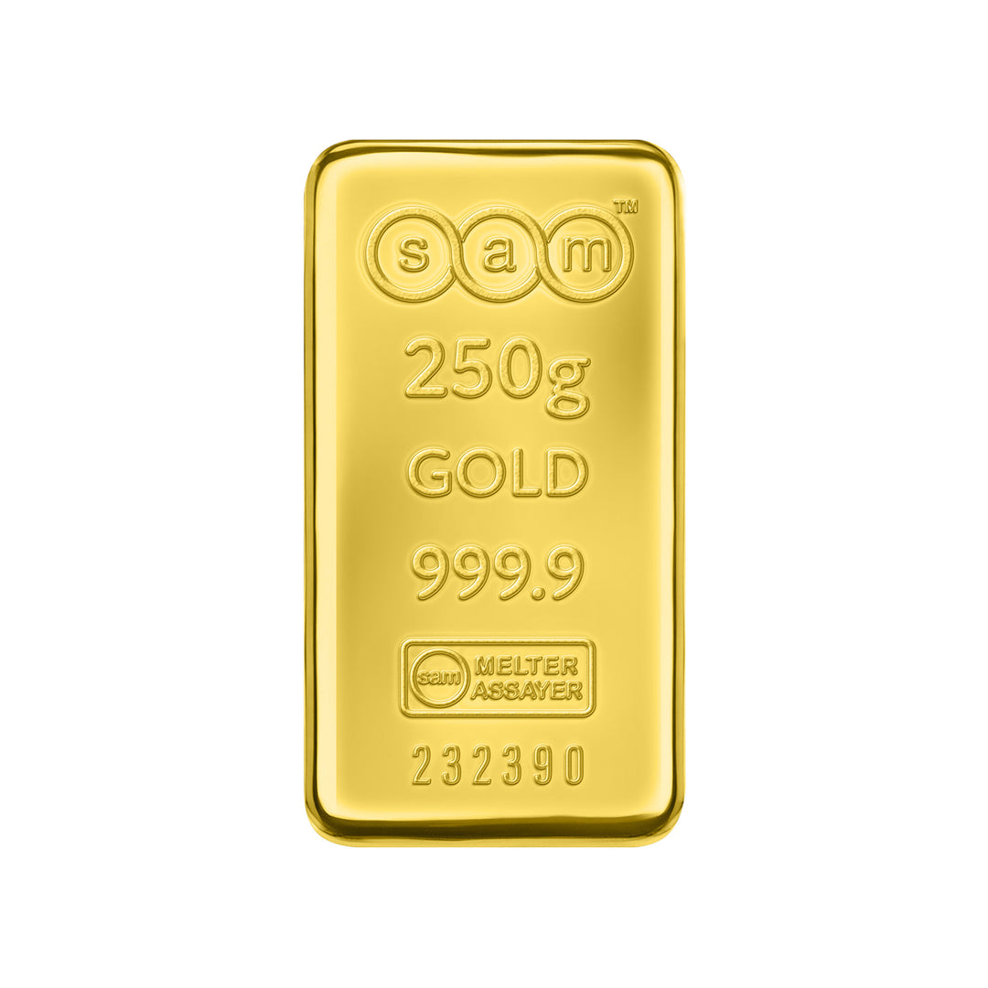 SAM 250g Cast Gold Bar – 999.9 Pure Gold