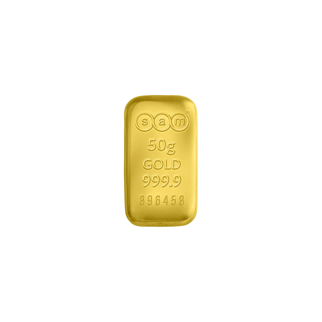 SAM 50g Cast Gold Bar – 999.9 Pure Gold